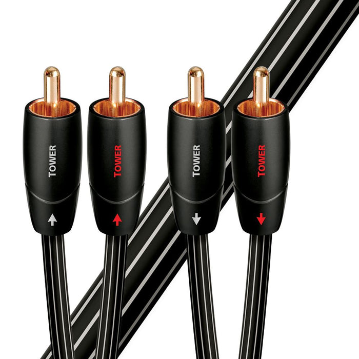 AUDIOQUEST Tower 2M 2 to 2 RCA Male. Solid Long Grain Copper Gold Plated/cold welded termination Foamed-Polyethylene dielectric Metal layer noise dissipation Jacket - black with white stripes P CDTOWER02R