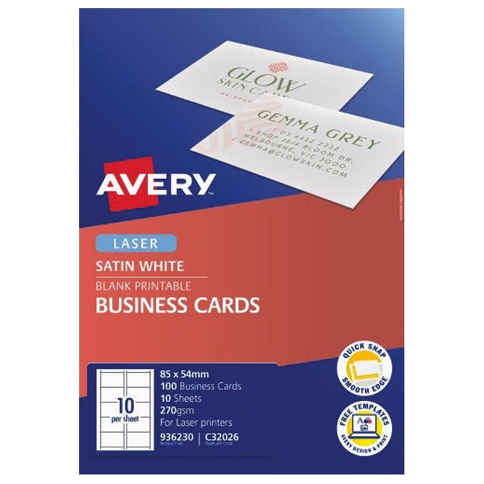 Avery Business Cards Satin Finish 270gsm Laser Labels 10 per sheet x 10 sheets CX237901