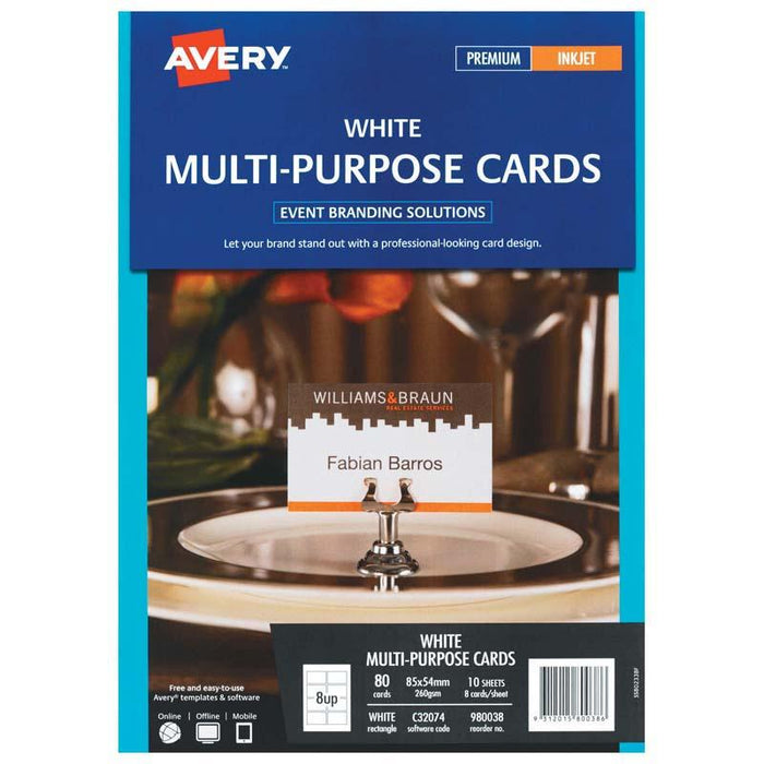 Avery C32074 Micro-Perforated 260gsm Inkjet Multi-Purpose Card 8 per sheet x 10 sheets CX272585