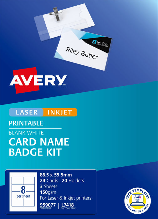 Avery Card Name Badges Kit 86.5x55.5mm Labels 8up 3 Sheets Inkjet Laser CX238662