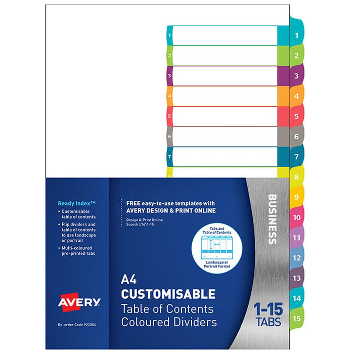 Avery Customisable Table Of Contents A4 1-15 Tabs Coloured Labels CX231689