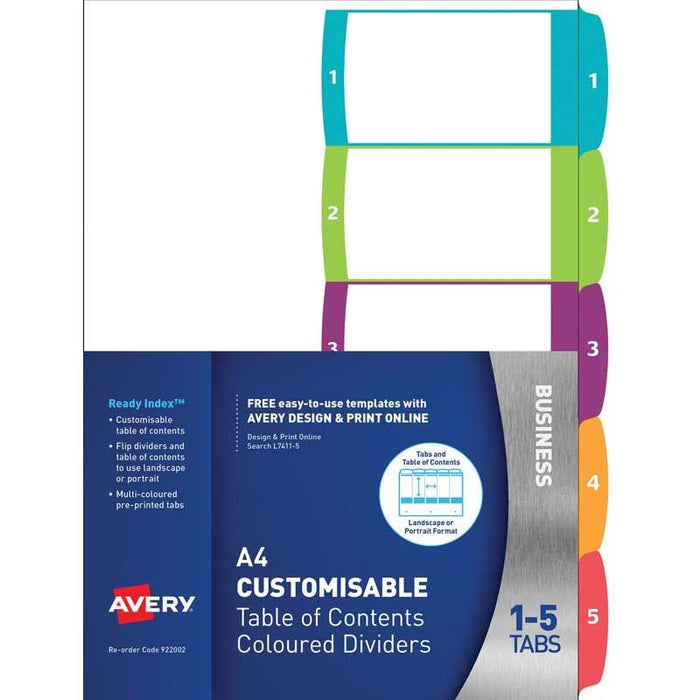 Avery Customisable Table Of Contents A4 1-5 Tabs Coloured Labels CX231693