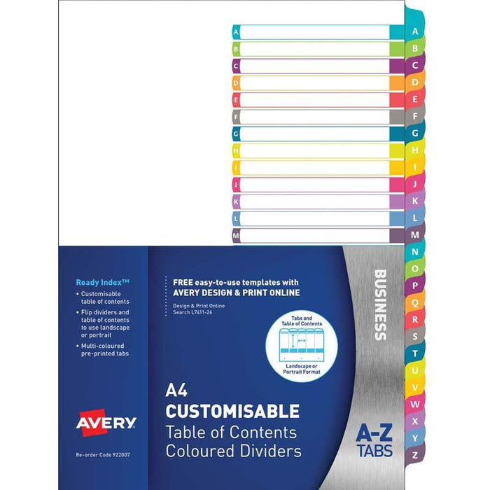 Avery Customisable Table Of Contents A4 A-Z Tabs Coloured Labels CX231687