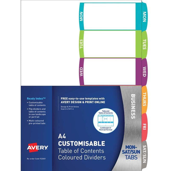 Avery Customisable Table Of Contents A4 Days Of Week 6 Tab Coloured Labels CX231684