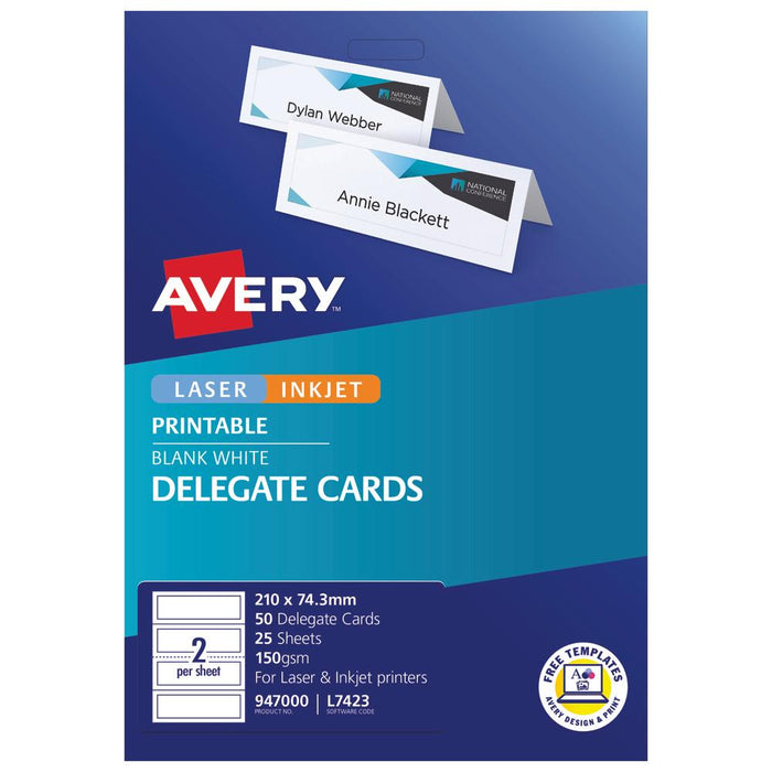 Avery Delegate Cards 210x74.3mm 50 Cards 25 Sheets Inkjet Laser Labels CX238665