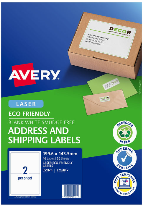 Avery Eco Friendly Address Labels 199.1x143.5mm 2up 20 Sheets CX239571