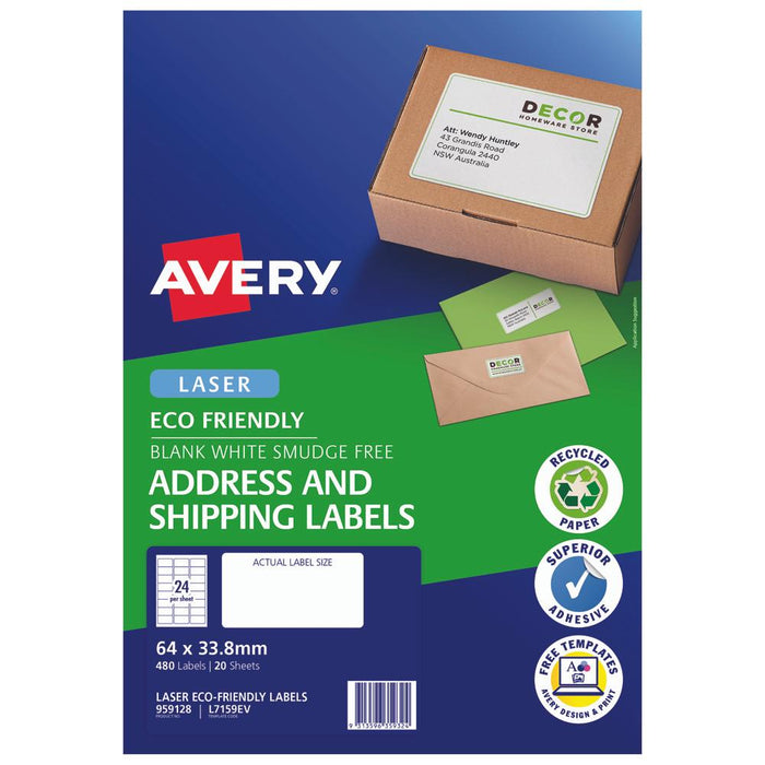 Avery Eco Friendly Address Labels 64mm x 33.8mm 24up 20 Sheets CX239573