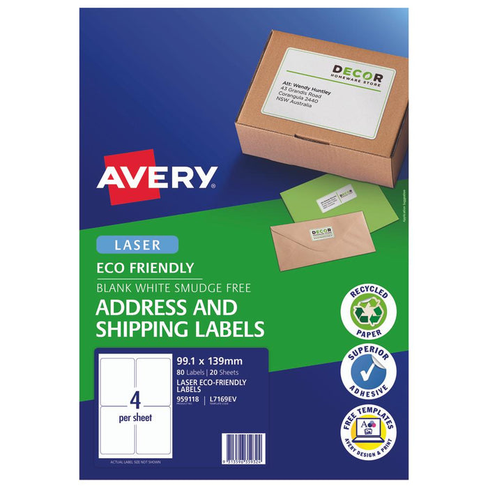 Avery Eco Friendly Address Labels 99.1mm x 139mm 4up 20 Sheets CX239575