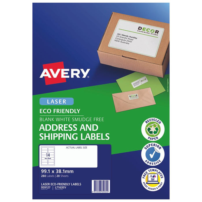 Avery Eco Friendly Address Labels 99.1mm x 38.1mm 14up 20 Sheets CX239572