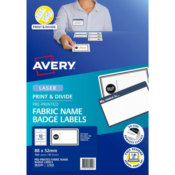 Avery "Hello! My Name Is" Fabric Print & Divide Name Badges Laser 88x52mm 150 Labels L7428 CX238523
