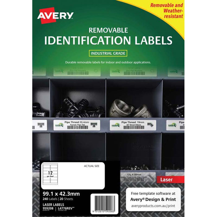 Avery L4776 Heavy Duty ID Label, 99.1mm x 42.3mm, 12 Labels Per Sheet, 20 Sheets per pack CX238115