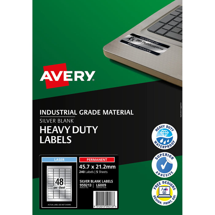 Avery L6009 Heavy Duty ID Label, 47.5mm x 21.2mm, Silver, Laser Printable, 48's x 5 Sheets CX1002490