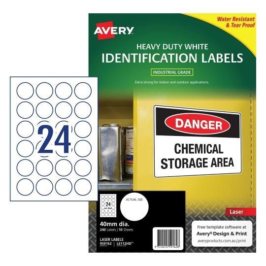 Avery L6112 Heavy Duty 40mm Round Labels 24's x 10 Sheets CX238555