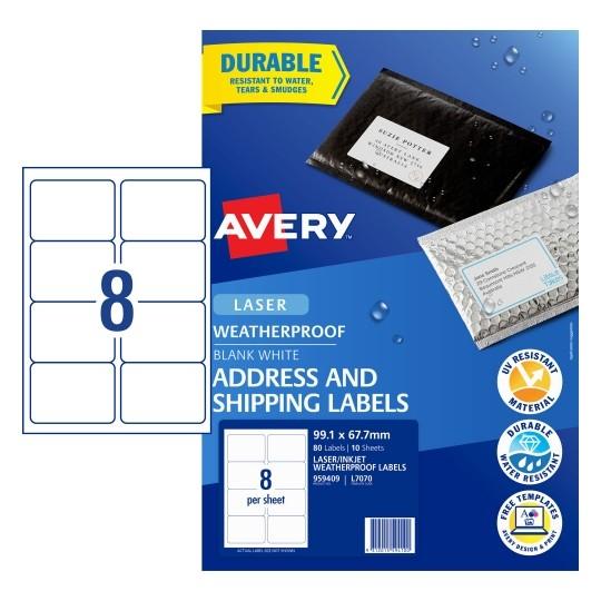 Avery L7070 Weather Resistant Labels 8's x 10 Sheets CX272551