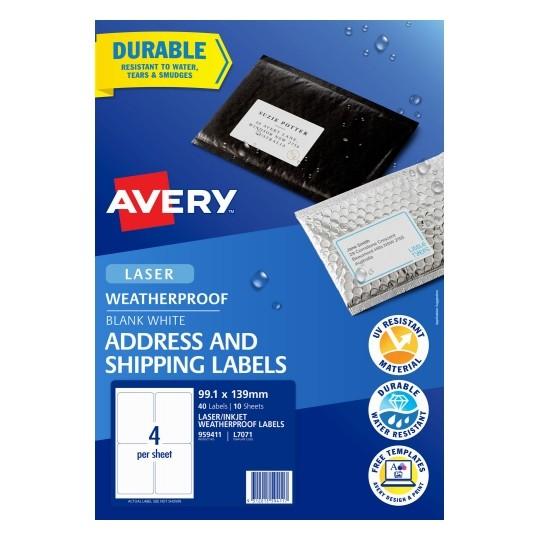 Avery L7071 Weather Resistant Labels 4's x 10 Sheets | Avery — Discount ...