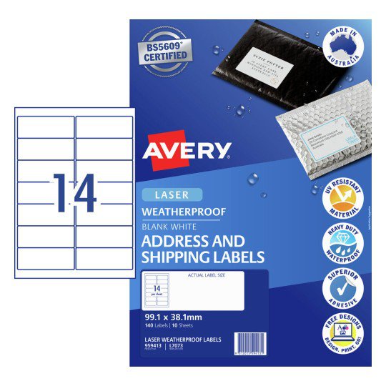 Avery L7073 Weather Resistant Labels 14's x 10 Sheets CX272553