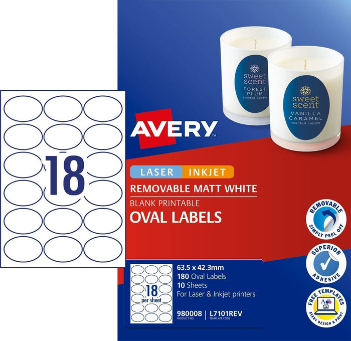 Avery L7101REV Oval Labels 18's x 10 Sheets CX239557