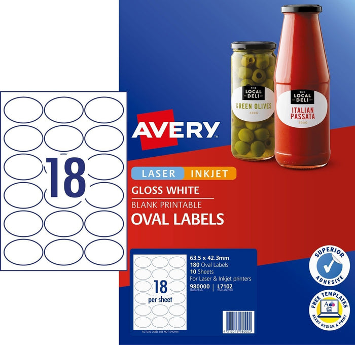 Avery L7102 Glossy Oval Labels 18's x 10 Sheets CX239516