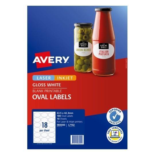 Avery L7102 Glossy Oval Labels 18's x 10 Sheets CX239516