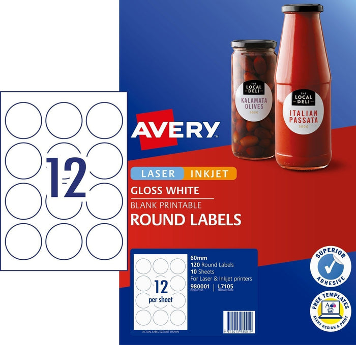Avery L7105 Glossy 60mm Round Labels 12's x 10 Sheets CX239517