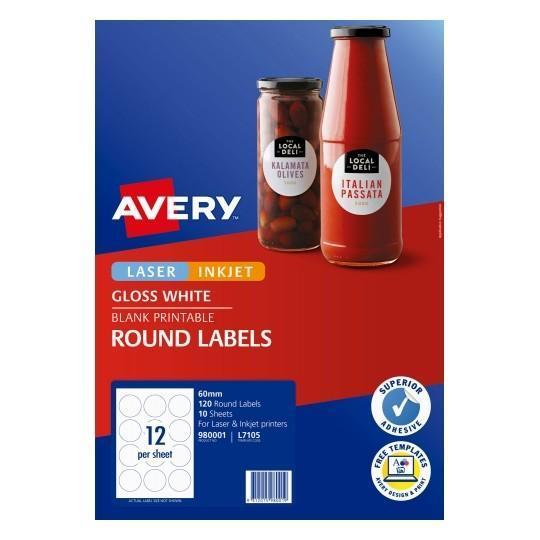 Avery L7105 Glossy 60mm Round Labels 12's x 10 Sheets CX239517
