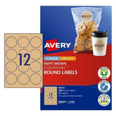 Avery L7106 Kraft 60mm Round Labels 12's x 15 Sheets CX239518