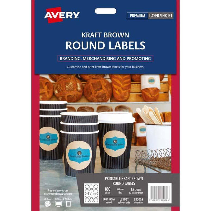 Avery L7106 Kraft 60mm Round Labels 12's x 15 Sheets CX239518