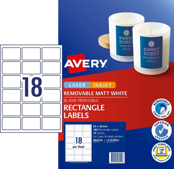 Avery L7107 Matt Rectangle Labels 18's x 10 Sheets CX239559