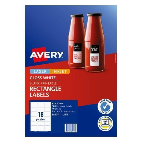 Avery L7109 Gloss Rectangle Labels 18's x 10 Sheets CX239546
