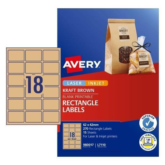 Avery L7110 Kraft Labels 18's x 15 Sheets CX239550