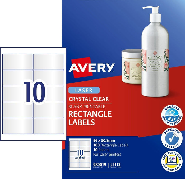 Avery L7113 Clear Labels 10's x 10 Sheets CX239552