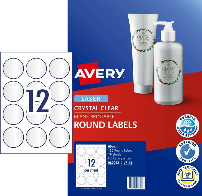 Avery L7114 Clear 60mm Round Labels 12's x 10 Sheets CX239555