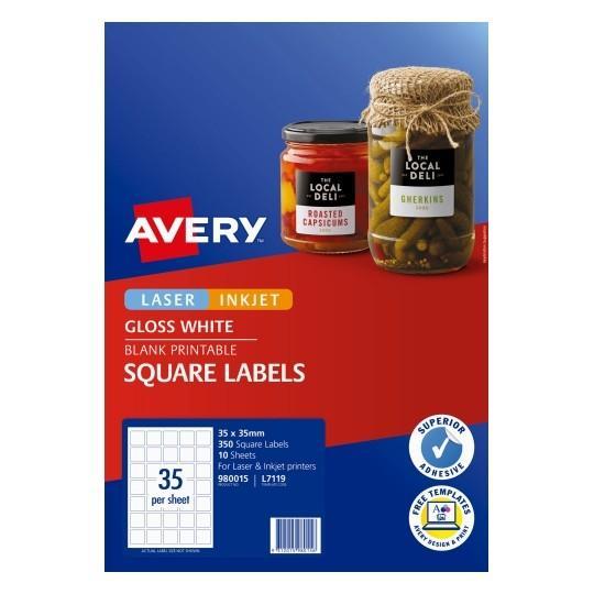 Avery L7119 Glossy Square Labels 35's x 10 Sheets CX239548