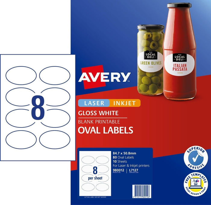 Avery L7127 Glossy Oval Labels 8's x 10 Sheets CX239545