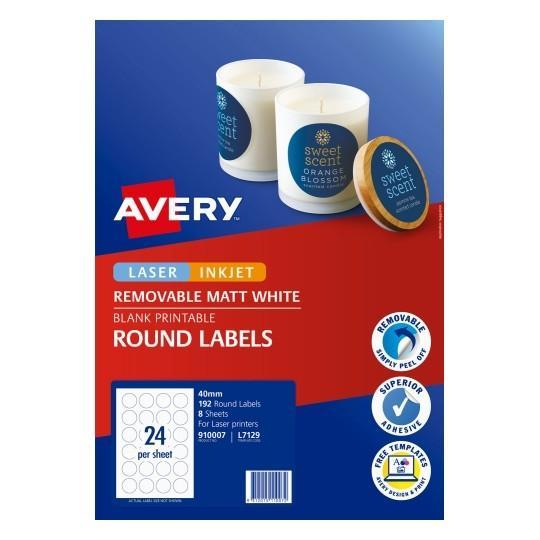 Avery L7129 Matt 40mm Round Labels x 24's x 8 Sheets CX272589