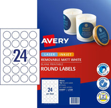 Avery L7129 Matt 40mm Round Labels x 24's x 8 Sheets CX272589
