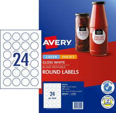Avery L7147 Glossy 40mm Round Labels 24's x 10 Sheets CX239564