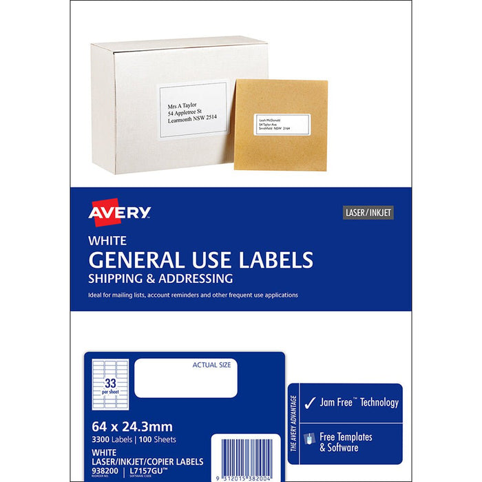 Avery L7157 Labels 33's x 100 Sheets CX238336