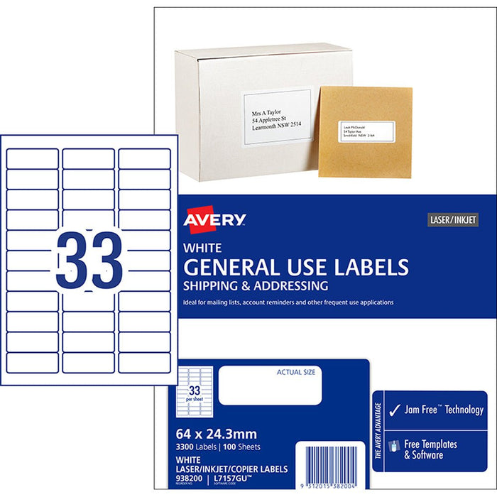Avery L7157 Labels 33's x 100 Sheets CX238336