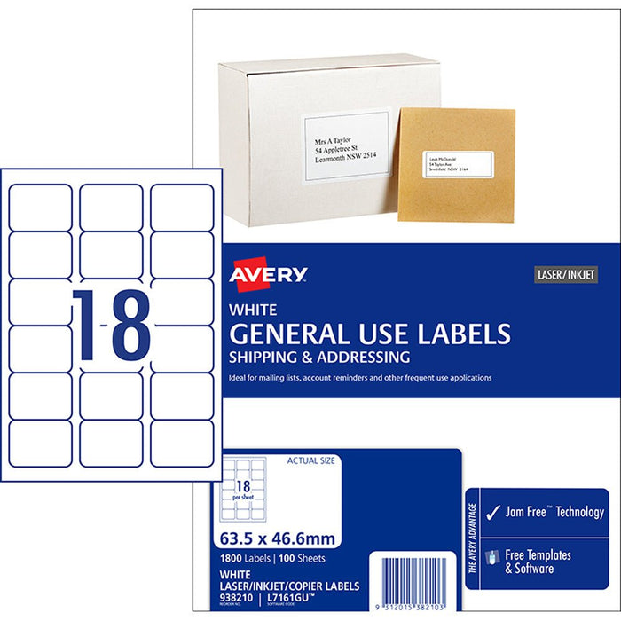 Avery L7161 General Use Labels 18's x 100 Sheets CX238338