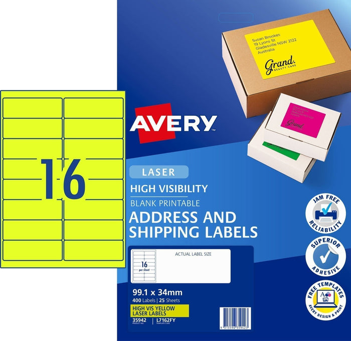 Avery L7162FY Fluoro Yellow Labels 16's x 25 Sheets CX231452