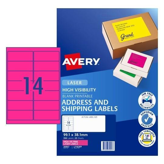 Avery L7163FP Fluoro Pink Labels 14's x 25 Sheets CX231478