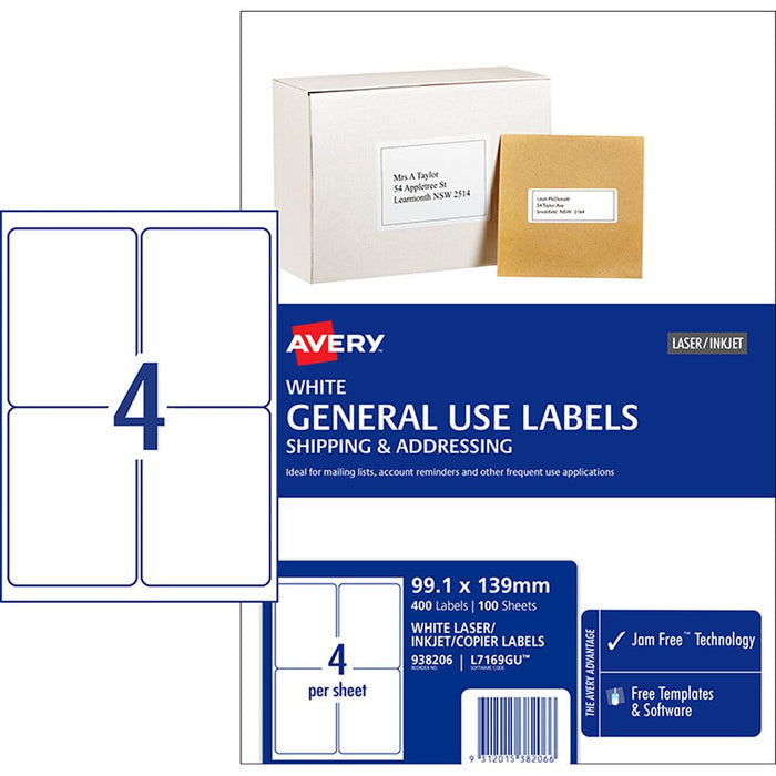 Avery L7169 Labels 4's x 100 Sheets CX238340