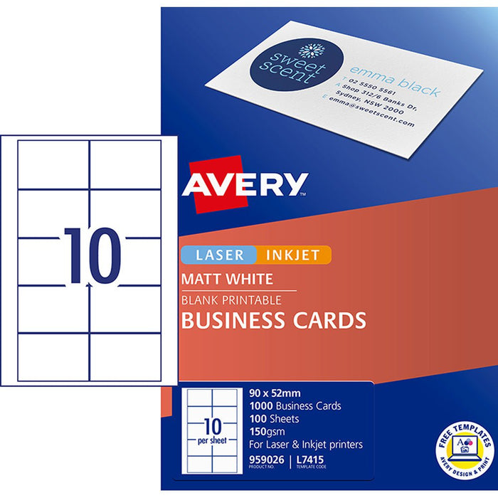 Avery L7415 Micro-Perforated 150gsm Laser / Inkjet Matt Business Card  10 per sheet x 100 sheets CX238037