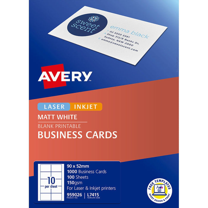 Avery L7415 Micro-Perforated 150gsm Laser / Inkjet Matt Business Card  10 per sheet x 100 sheets CX238037