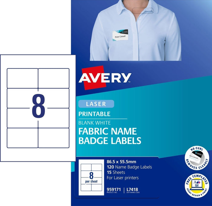 Avery L7418K 8 per Sheet Fabric Badge Labels 86.5 x 55.5mm x 15 Sheets pack CX231445