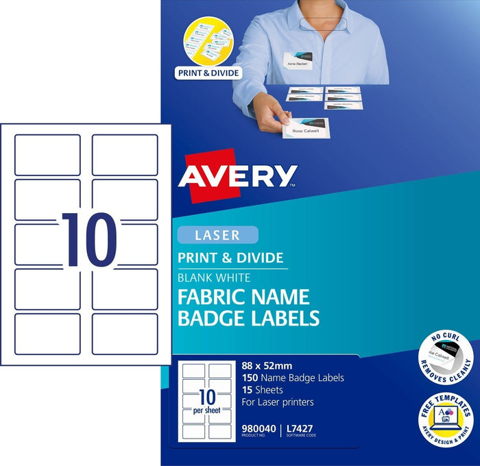 Avery L7427 10 per Sheet Fabric Badge Labels 88 x 52mm x 15 Sheets pack CX272584