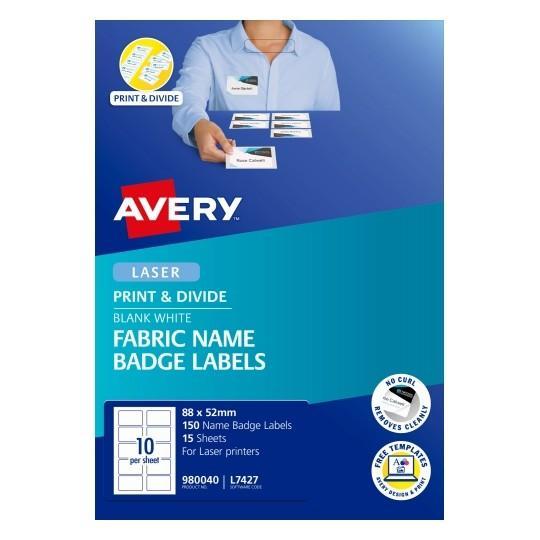 Avery L7427 10 per Sheet Fabric Badge Labels 88 x 52mm x 15 Sheets pack CX272584