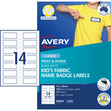 Avery L7432 Kids Fabric Name Badge Labels, 72mm x 30mm, 10 Sheets, 14 Labels Per Sheet CX1000707