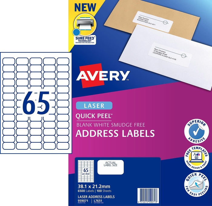 Avery L7651 Labels 65's x 100 Sheets CX238674